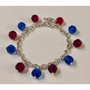 Red & Blue Glass Beads Silver Toggle Bracelet